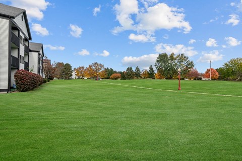 A red flag is in the distance on a grassy field.