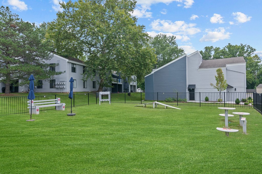 a large grassy area with picnic tables and umbrellas