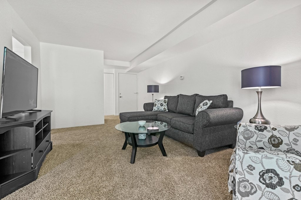a living room with a couch and a tv