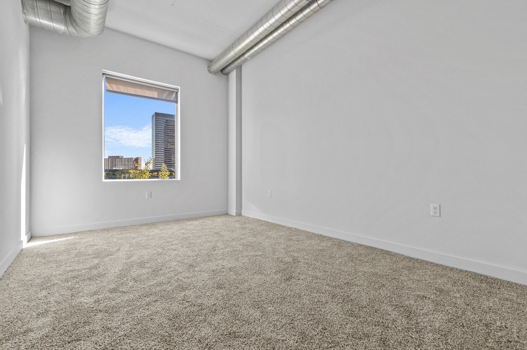 a bedroom with a window and a carpeted floor