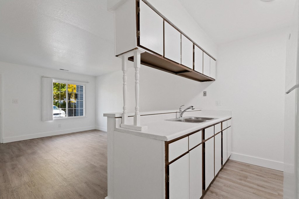 an empty kitchen with a sink and a window