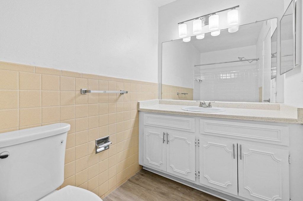 a bathroom with a toilet sink and mirror