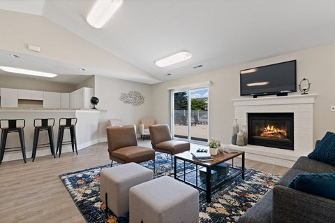 a living room with a fireplace and a television