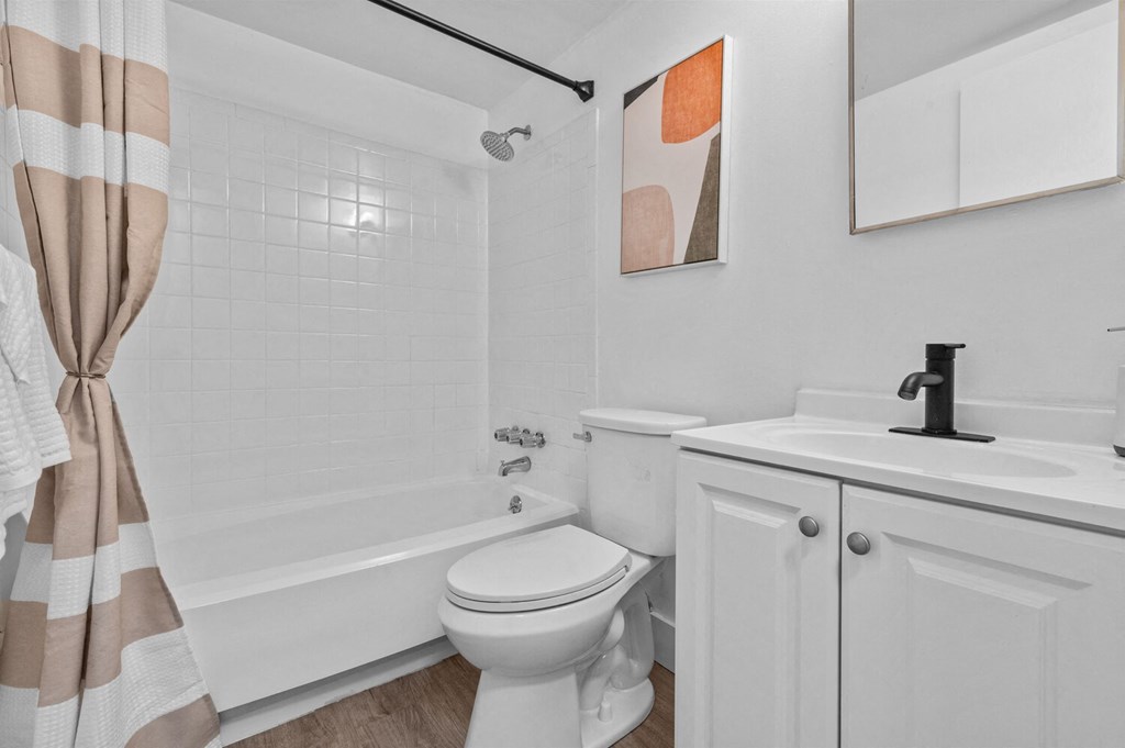 a bathroom with a sink toilet and a tub  at Park On Canal Apartments, Clinton Twp, 48038