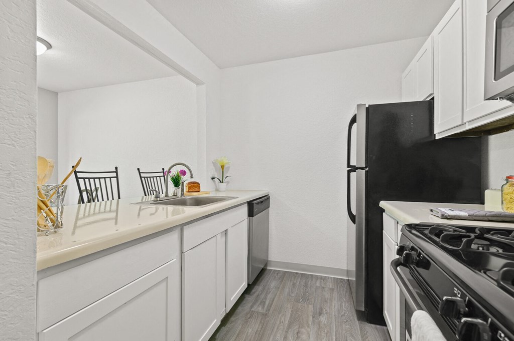 the preserve at ballantyne commons apartment kitchen with stove refrigerator and sink