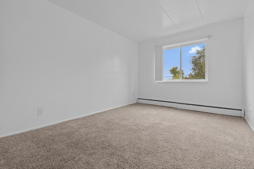 an empty room with carpet and a window