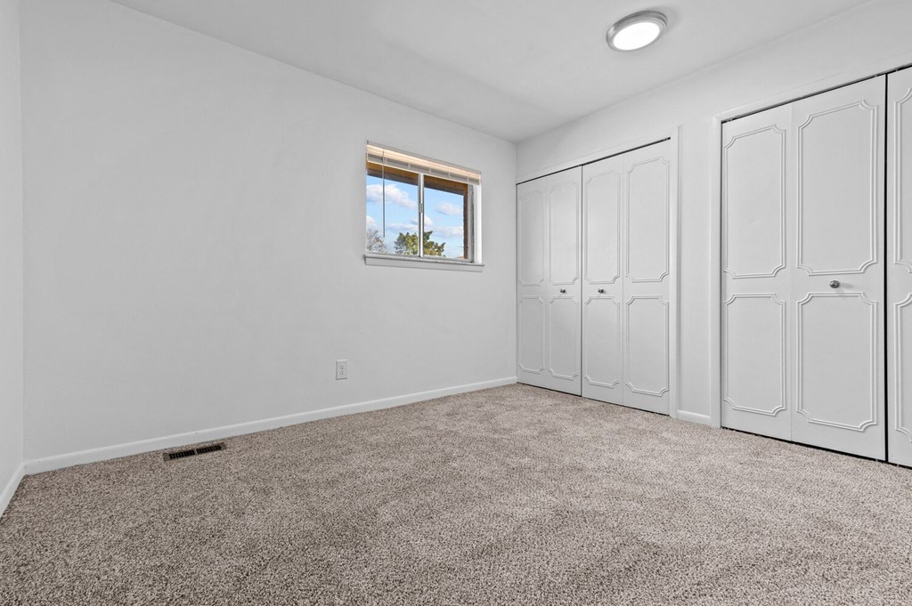 the living room is carpeted and has white closets and a window