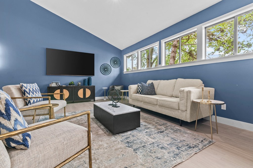a living room with blue walls and a couch and a tv