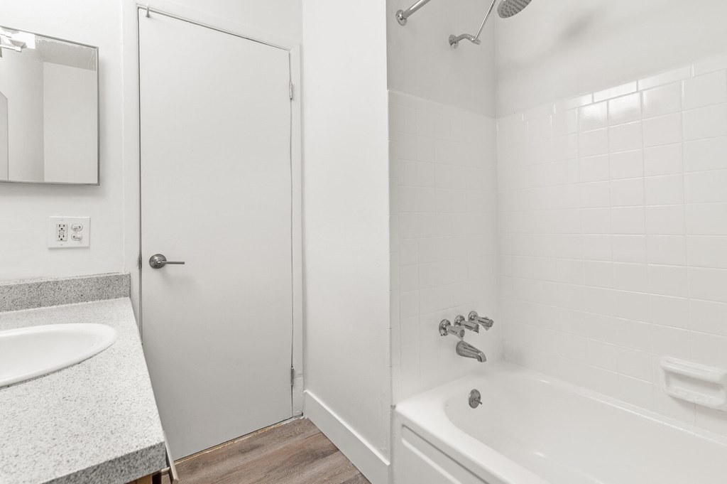 a bathroom with a tub and a sink and a shower