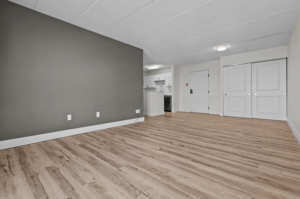 the living room and kitchen of an apartment with wood flooring
