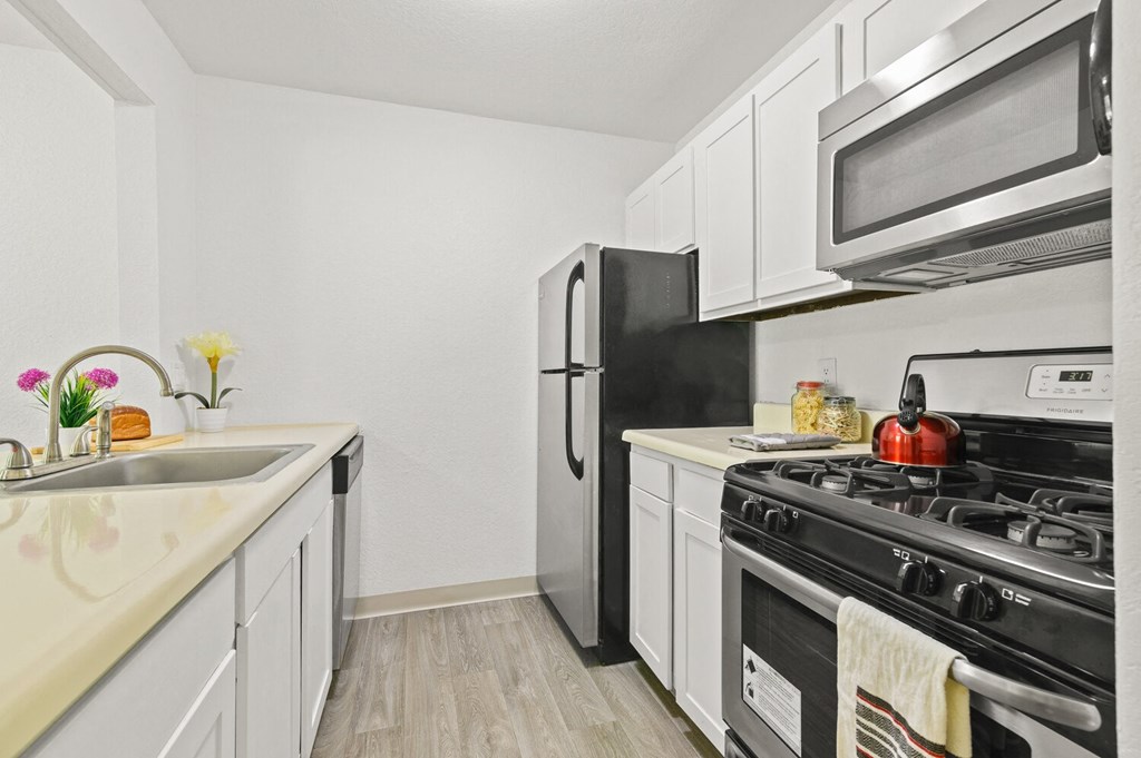 the preserve at ballantyne commons apartment kitchen with stove refrigerator and sink