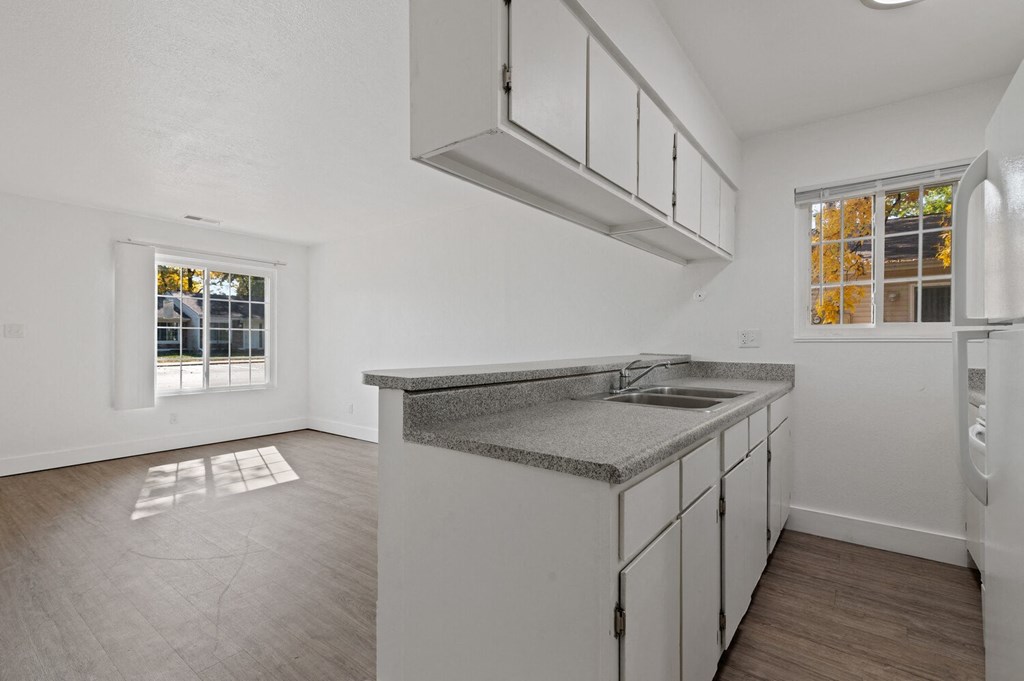 an empty kitchen with a sink and a window