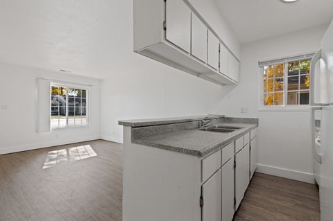 an empty kitchen with a sink and a window
