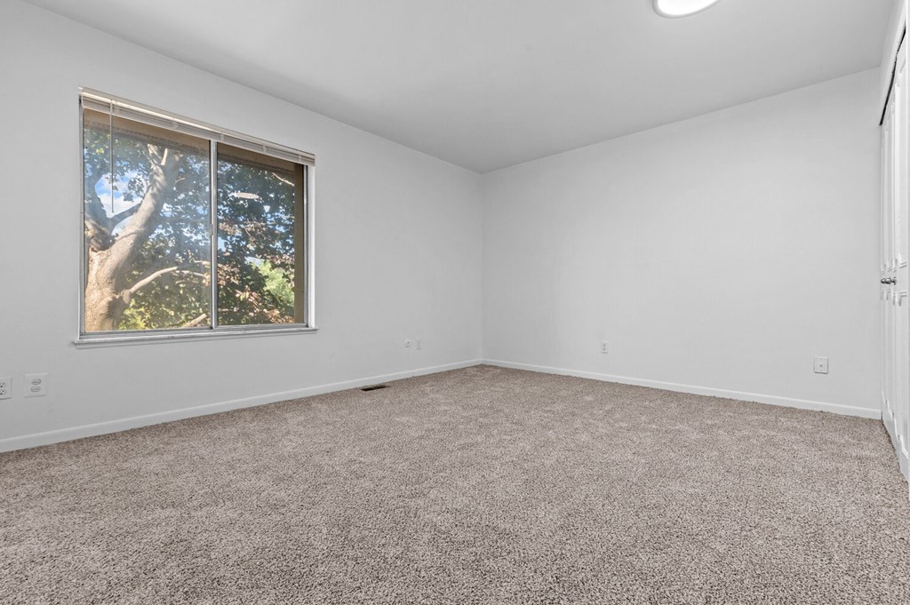 an empty room with carpet and a window