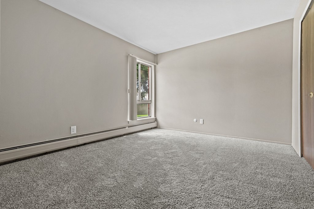 a bedroom with grey walls and carpet