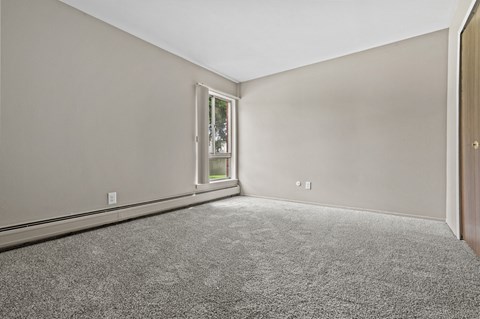 a bedroom with grey walls and carpet