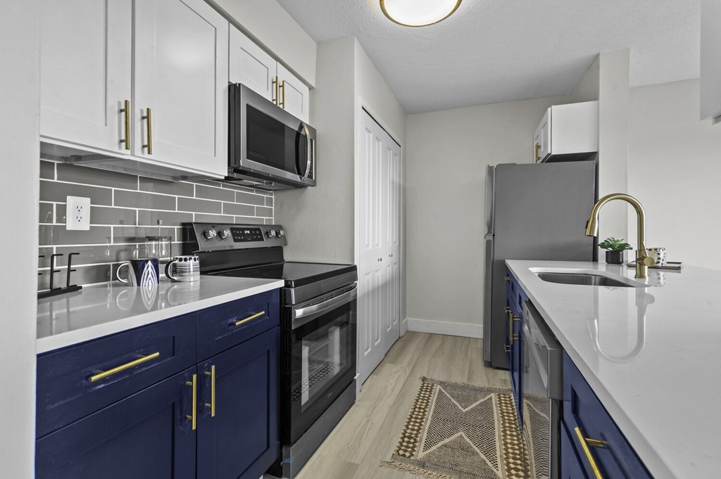 A kitchen with a black oven and blue cabinets.