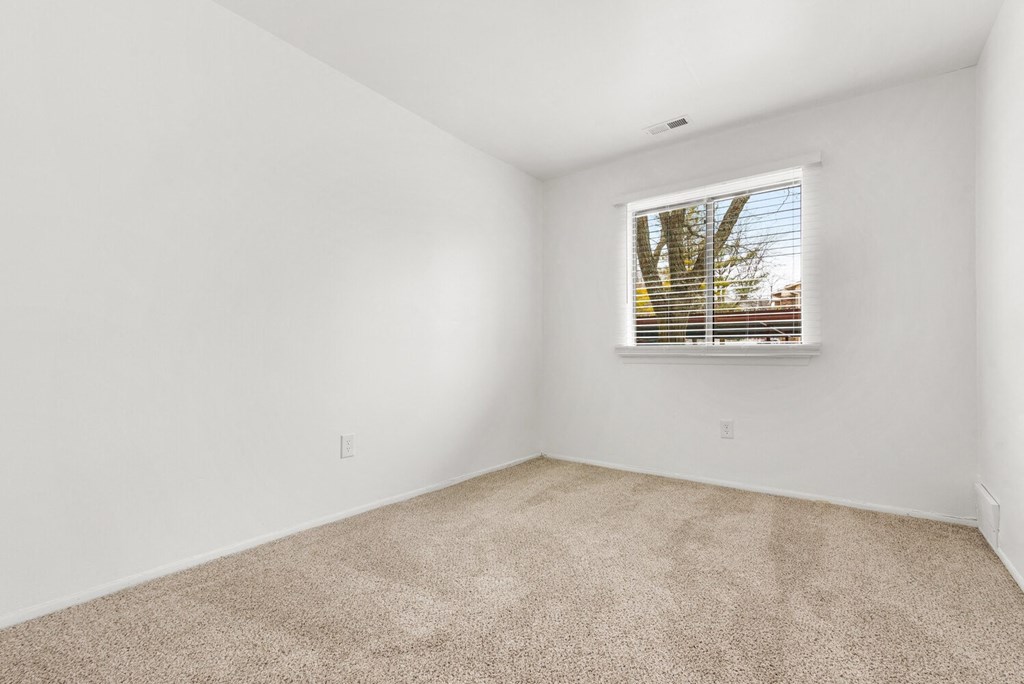 an empty room with carpet and a window