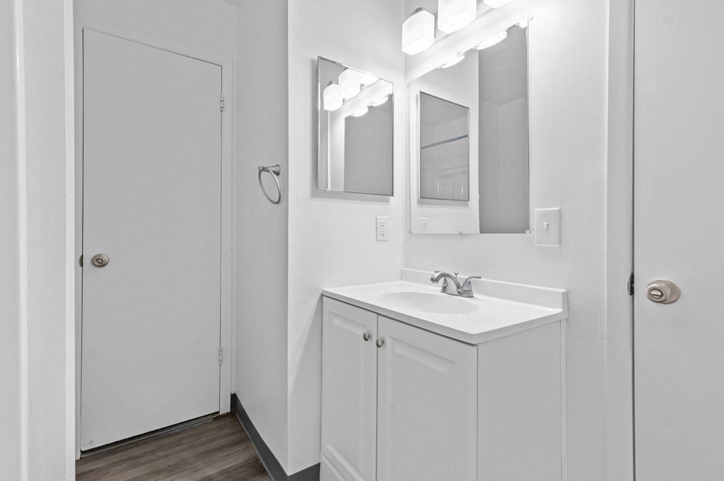 a bathroom with a sink and a mirror