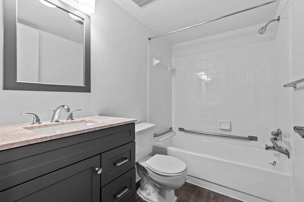 a bathroom with a bathtub and a toilet