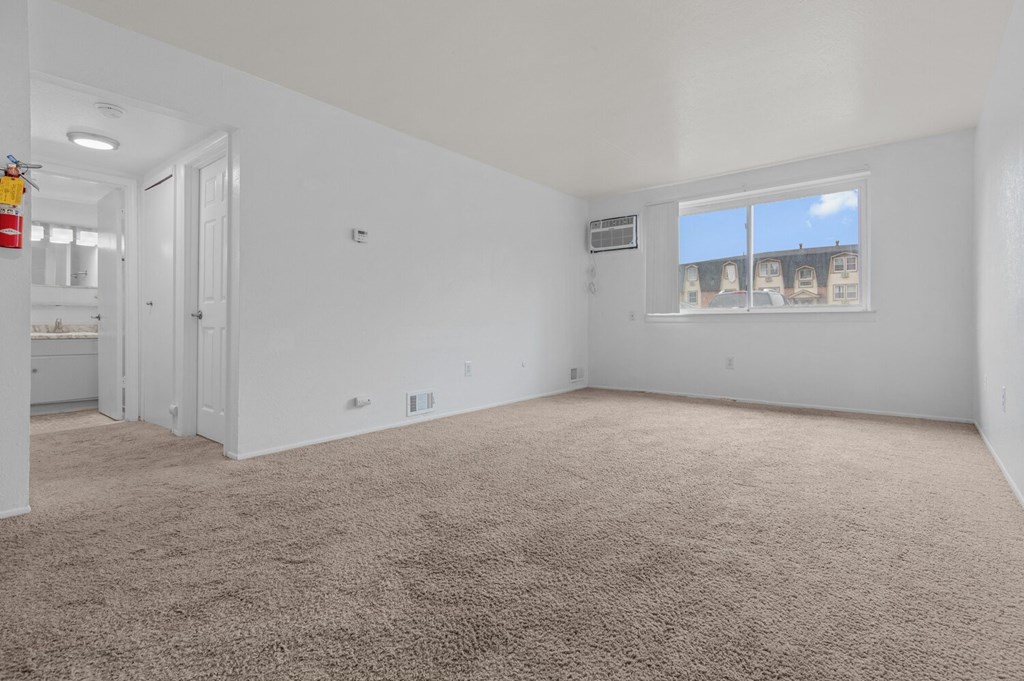 an empty living room with carpet and a window