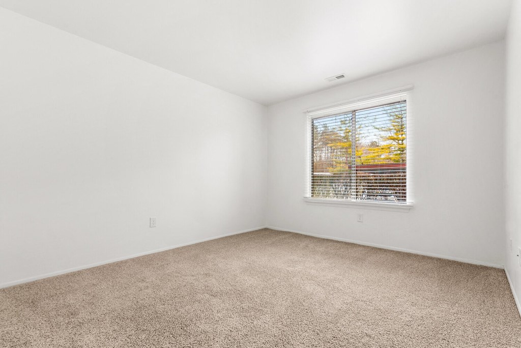an empty room with a window and carpet