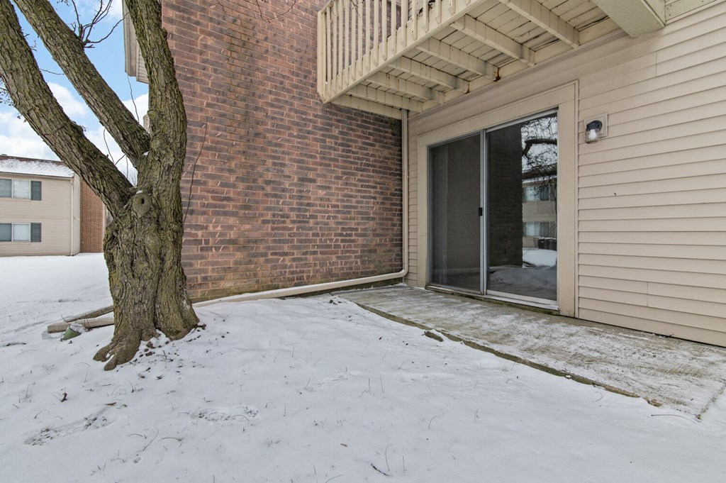 the front yard of a house with a tree in the snow
