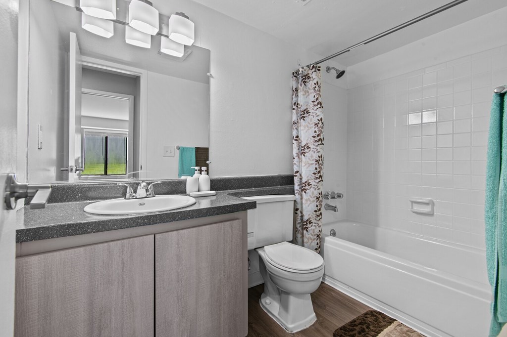 A bathroom with a white toilet, sink, and a shower.