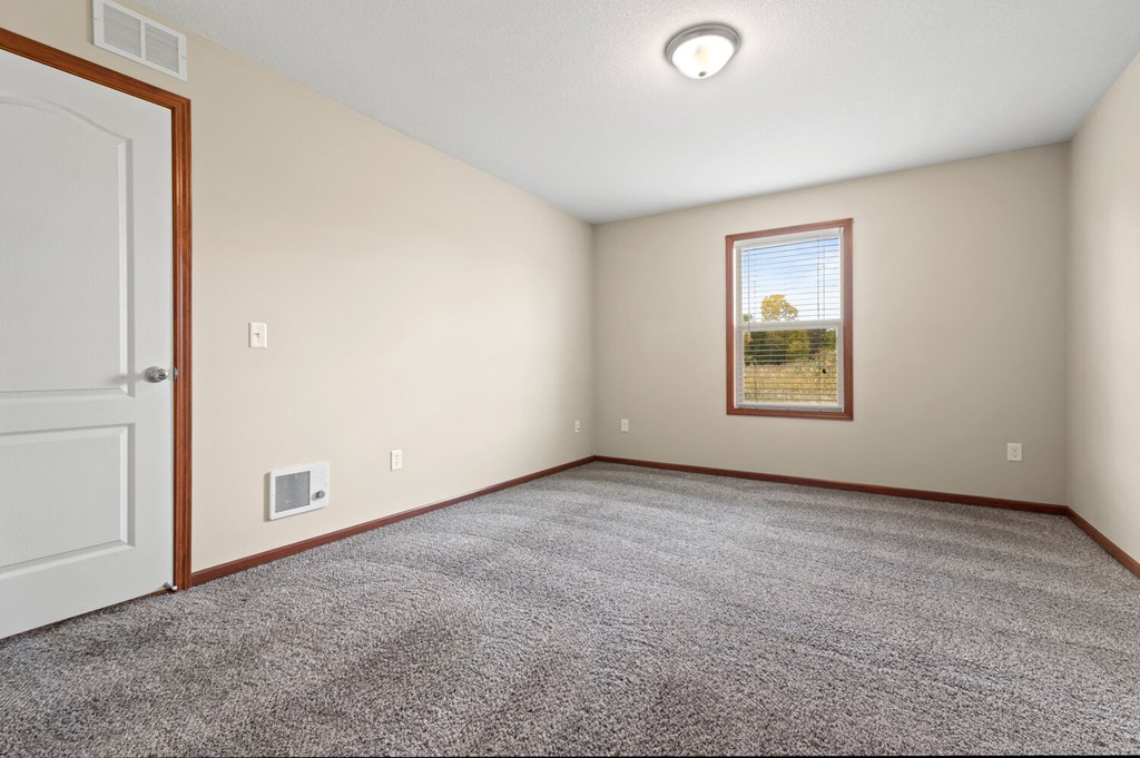 an empty room with carpet and a door to a closet