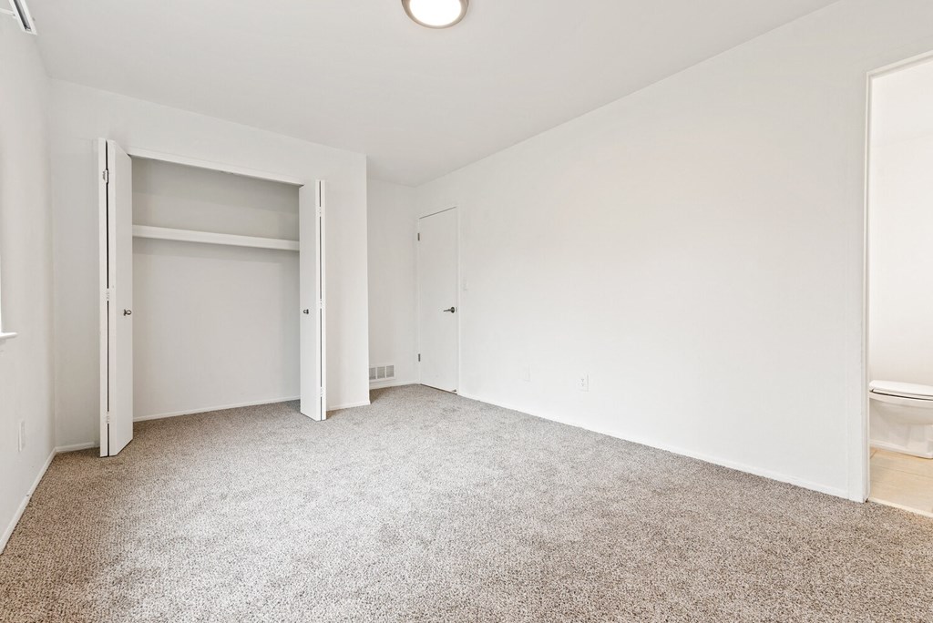an empty room with carpet and a closet