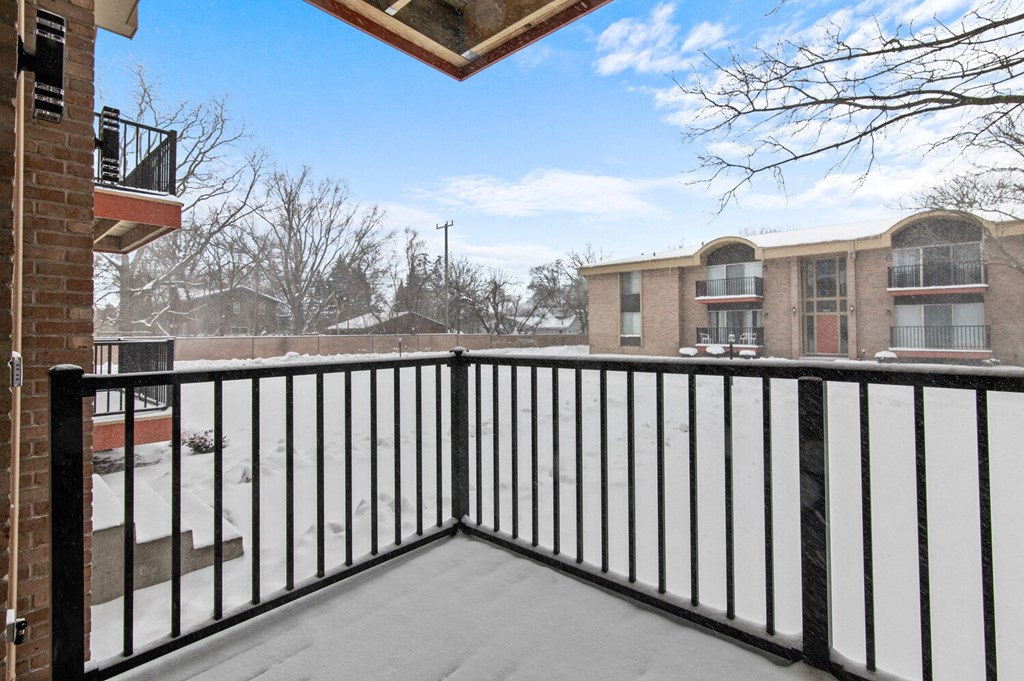 the view from the balcony of a home with a balcony railing with white snow