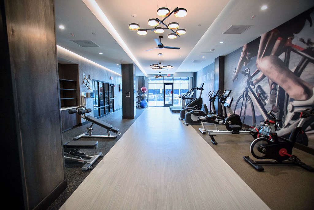 a gym with exercise equipment and a wall mural of bikes