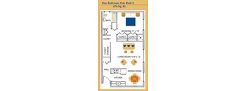 a floor plan of one bedroom, one bath