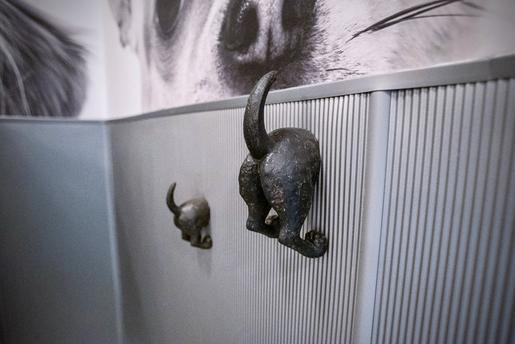 a pair of metal elephants on the side of a wall