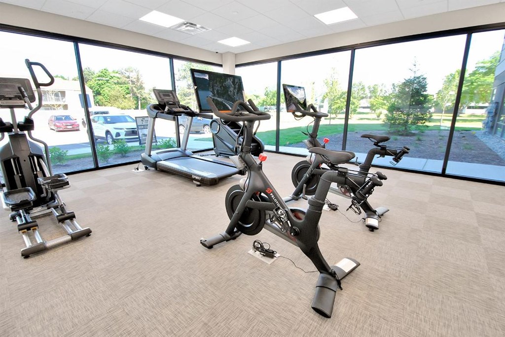 A gym with treadmills, elliptical machines, and stationary bikes.