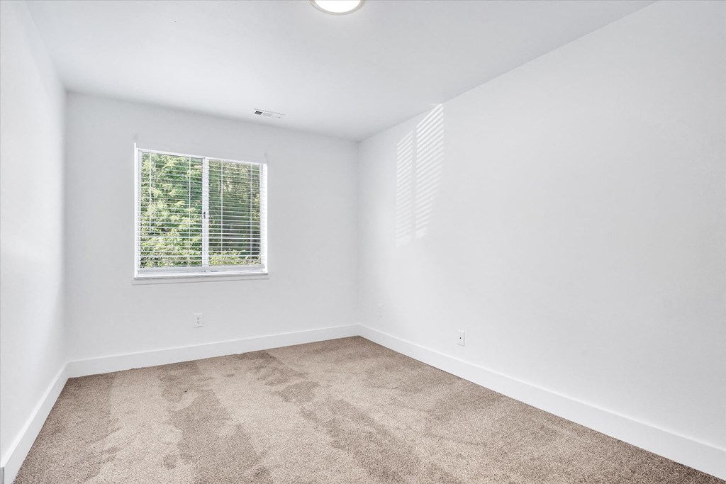 an empty room with carpet and a window