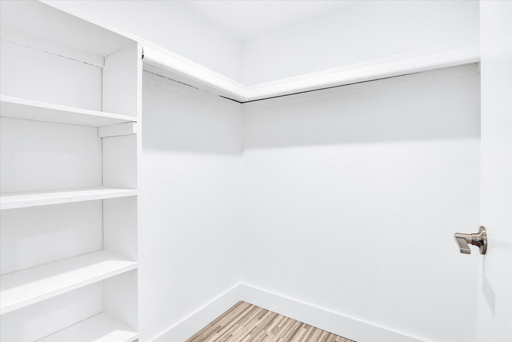a room with white walls and shelves and a door