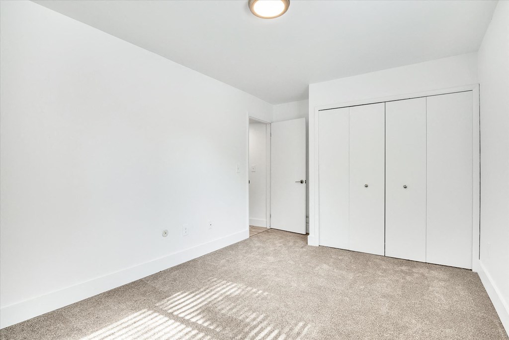 a bedroom with white walls and carpet and white closets