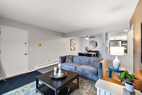 A living room with a grey couch, a black coffee table, and a blue side table.