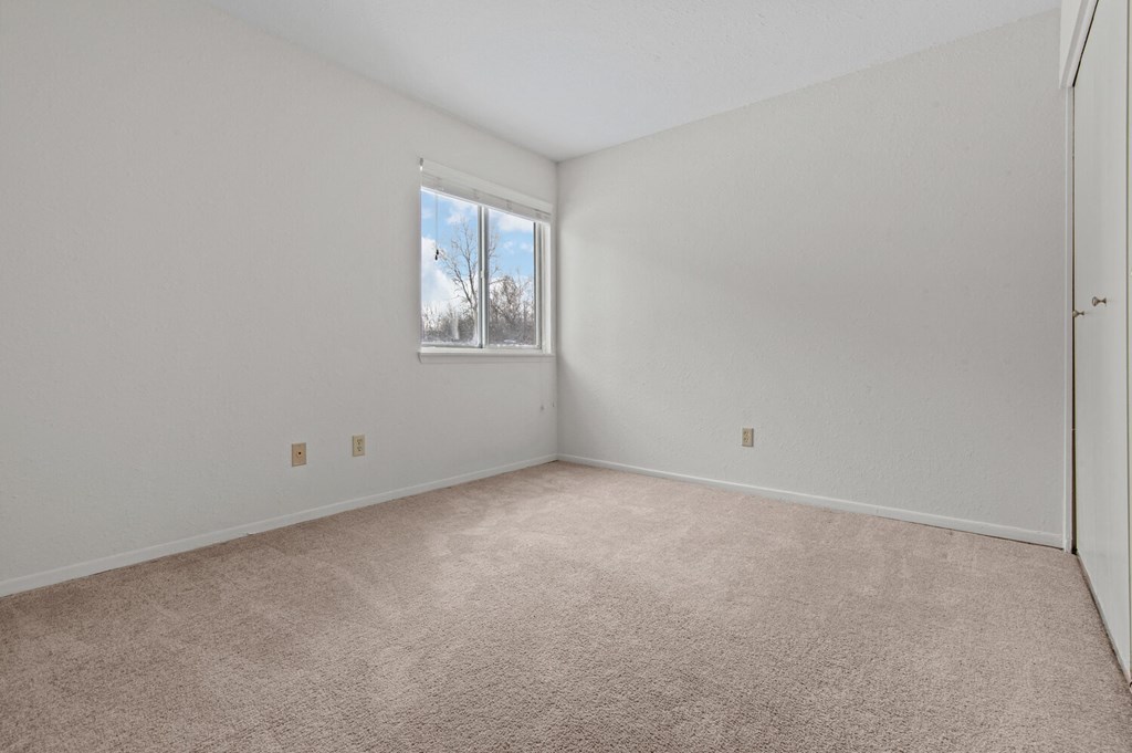 an empty room with carpet and a window