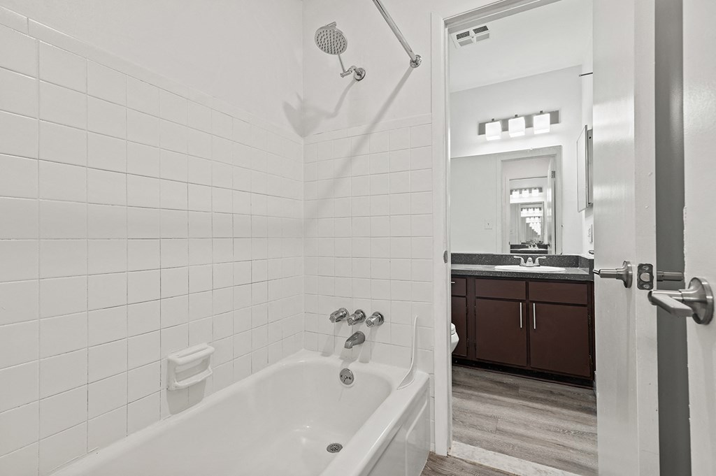 a bathroom with a tub and a sink and a mirror