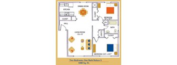 a floor plan of two bedroom, one bath deluxe s