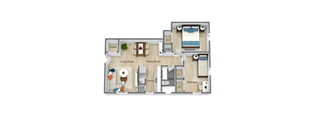A floor plan of a house with a living room, dining room, kitchen, and two bedrooms.