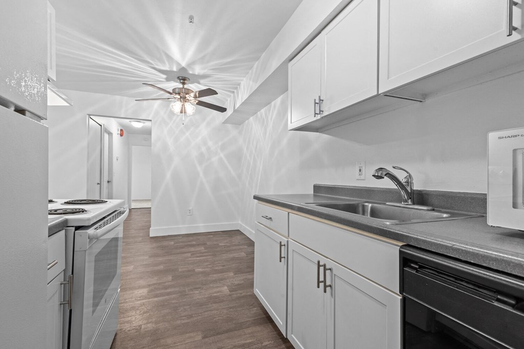 a kitchen with white cabinetry and a stainless steel sink