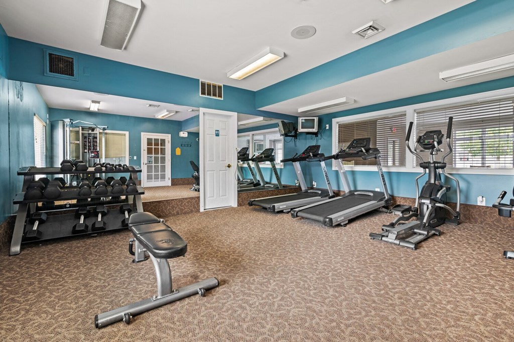 a gym with cardio equipment and weights in a room with windows