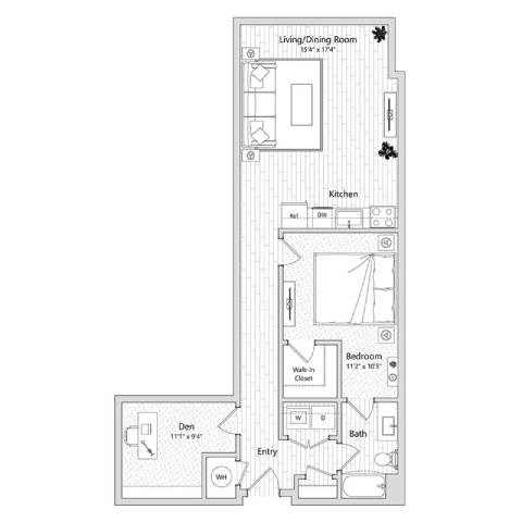 A floor plan of a one bedroom apartment with a den.