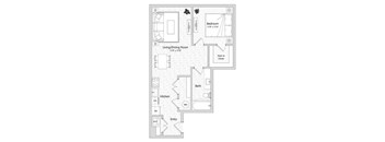 A floor plan of a small apartment with a living room, kitchen, bathroom, and bedroom.