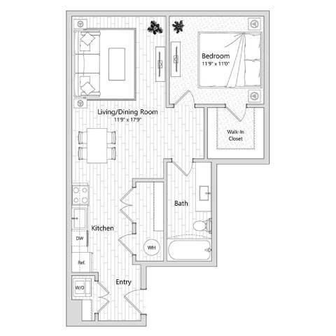 A floor plan of a small apartment with a living room, kitchen, bathroom, and bedroom.