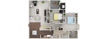 A top-down view of a well-organized apartment with a kitchen, living room, and bathroom.