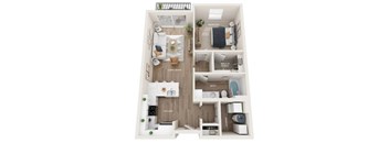 A 3D floor plan of a small apartment with a living room, kitchen, bathroom, and bedroom.